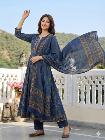Jaitpuriya Blue And Brown Pure Cotton Anarkali Regular Kurta Set