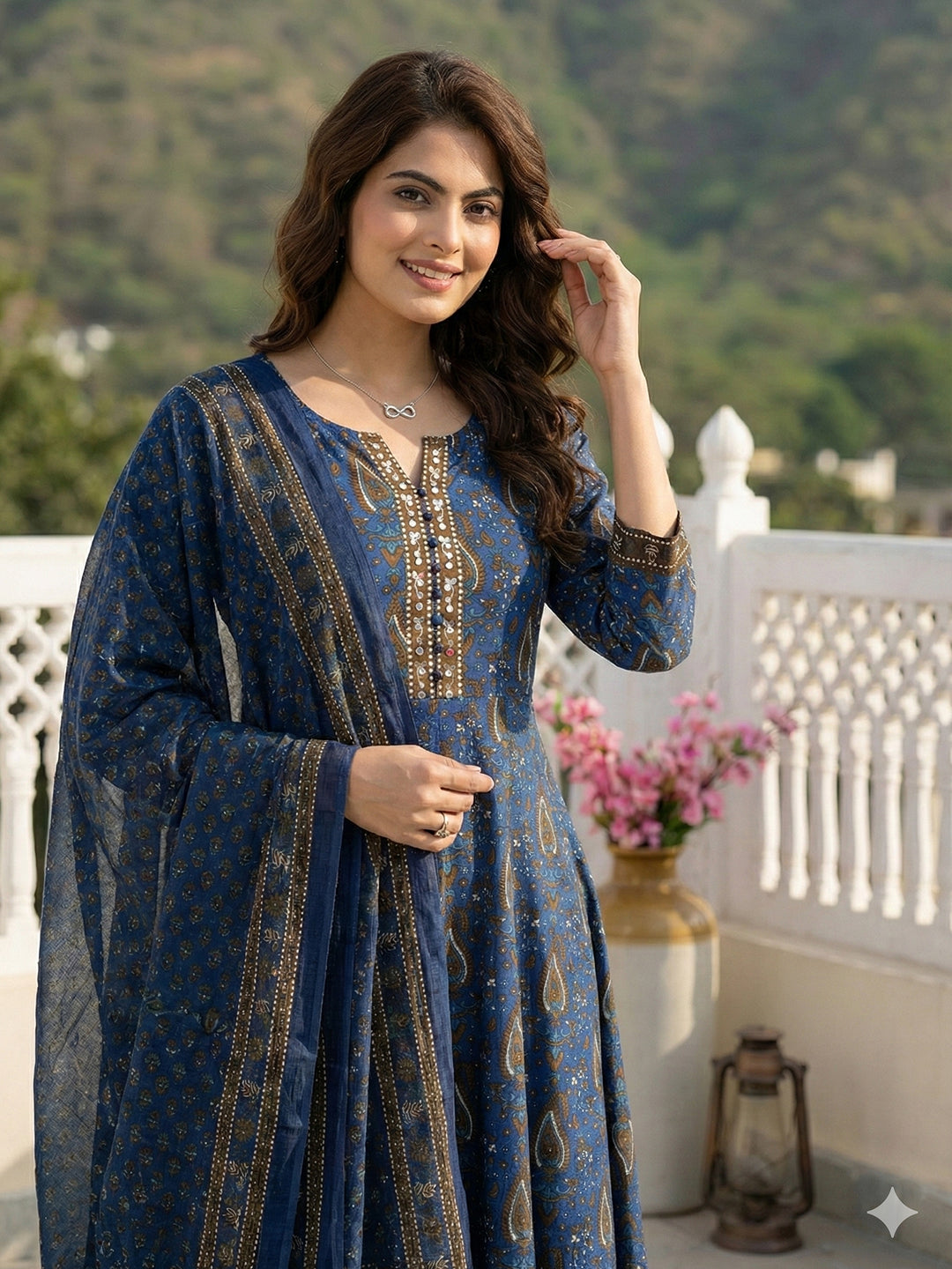 Jaitpuriya Blue And Brown Pure Cotton Anarkali Regular Kurta Set