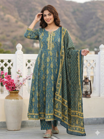 Jaitpuriya Green And Beige Pure Cotton Anarkali Regular Kurta Set
