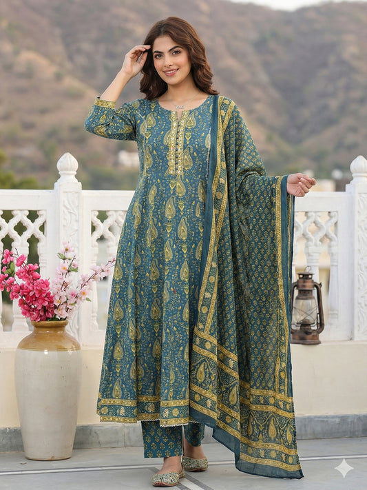 Jaitpuriya Green And Beige Pure Cotton Anarkali Regular Kurta Set