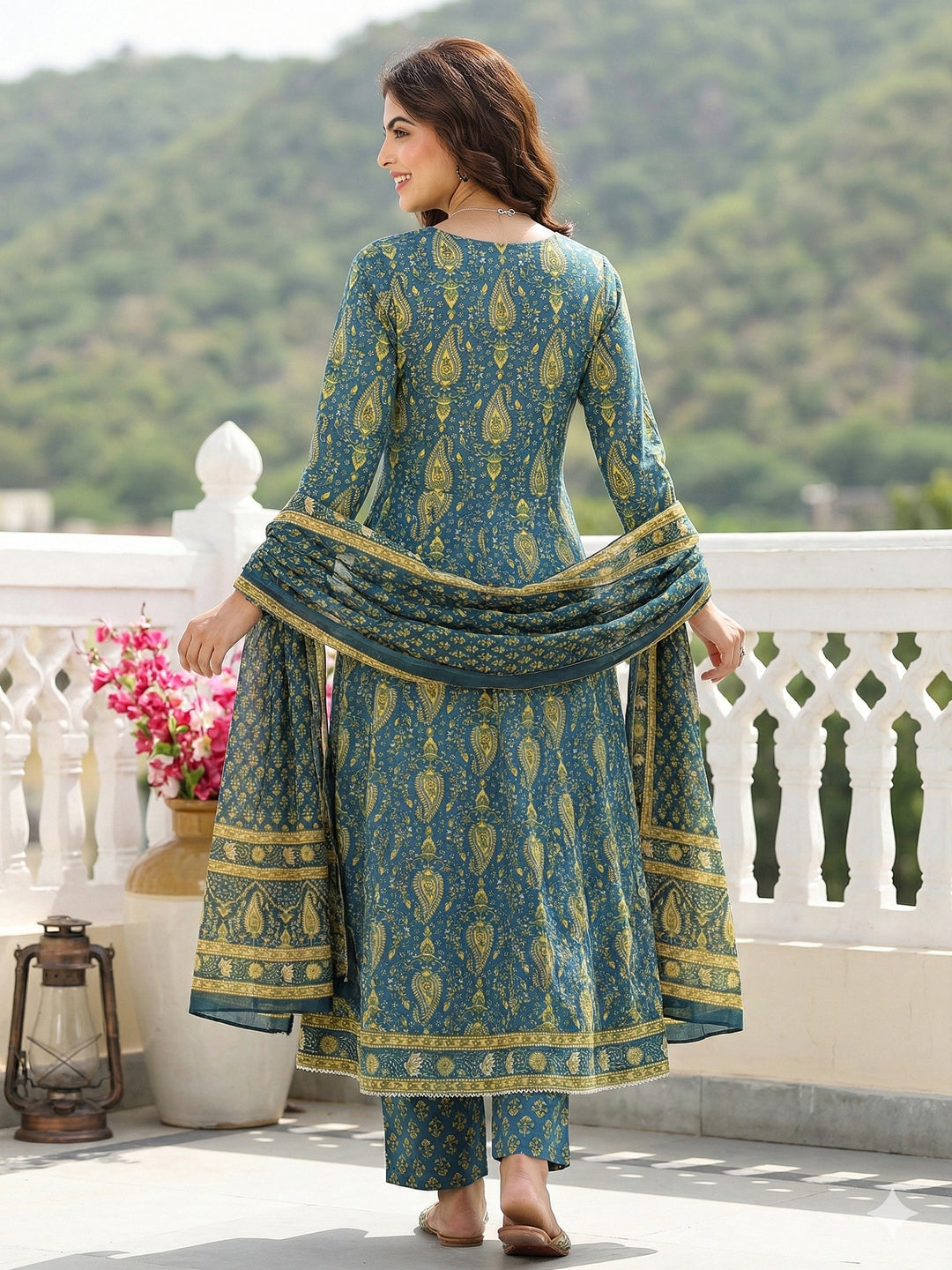 Jaitpuriya Green And Beige Pure Cotton Anarkali Regular Kurta Set