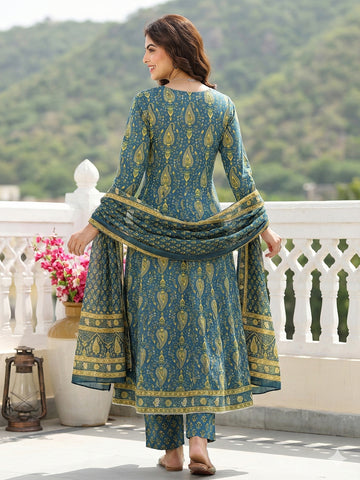 Jaitpuriya Green And Beige Pure Cotton Anarkali Regular Kurta Set