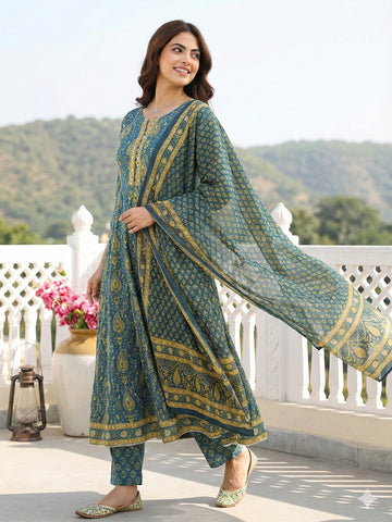 Jaitpuriya Green And Beige Pure Cotton Anarkali Regular Kurta Set
