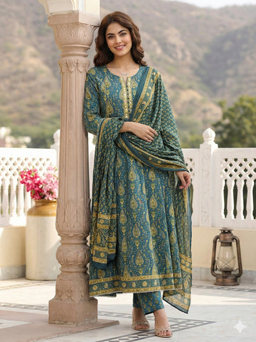Jaitpuriya Green And Beige Pure Cotton Anarkali Regular Kurta Set