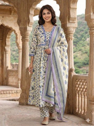 Jaitpuriya Blue And White Pure Cotton Anarkali Pleated Kurta Set