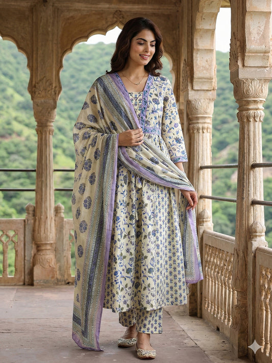 Jaitpuriya Blue And White Pure Cotton Anarkali Pleated Kurta Set