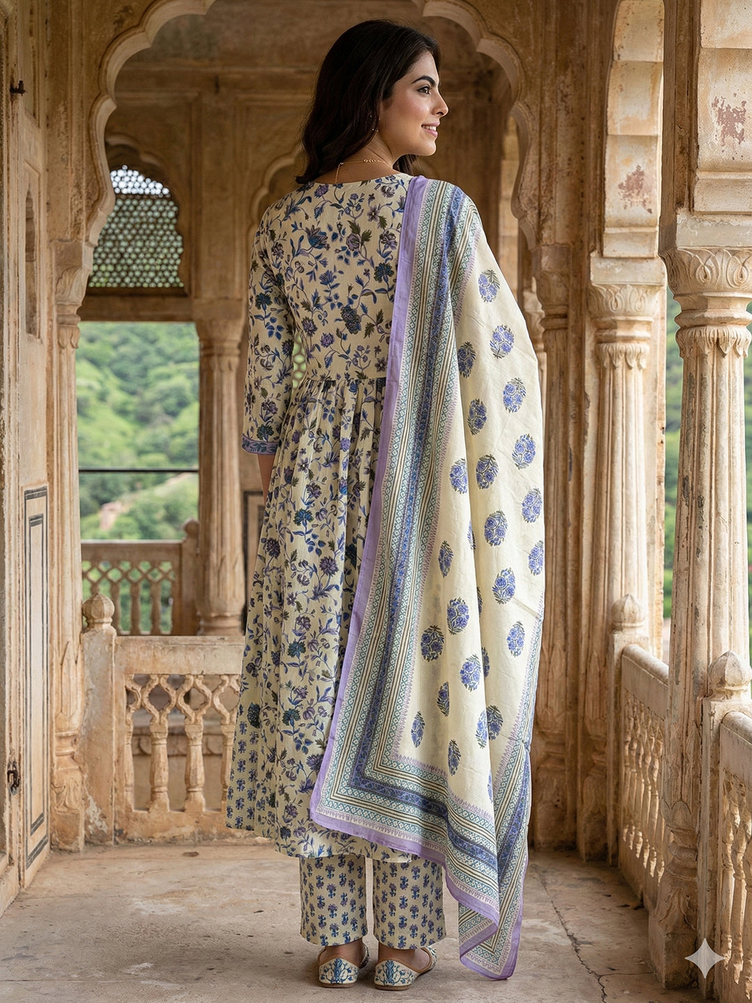 Jaitpuriya Blue And White Pure Cotton Anarkali Pleated Kurta Set