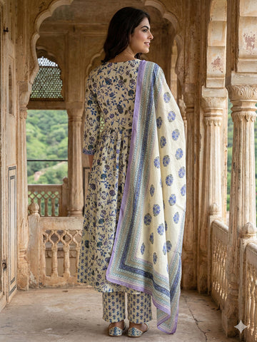 Jaitpuriya Blue And White Pure Cotton Anarkali Pleated Kurta Set
