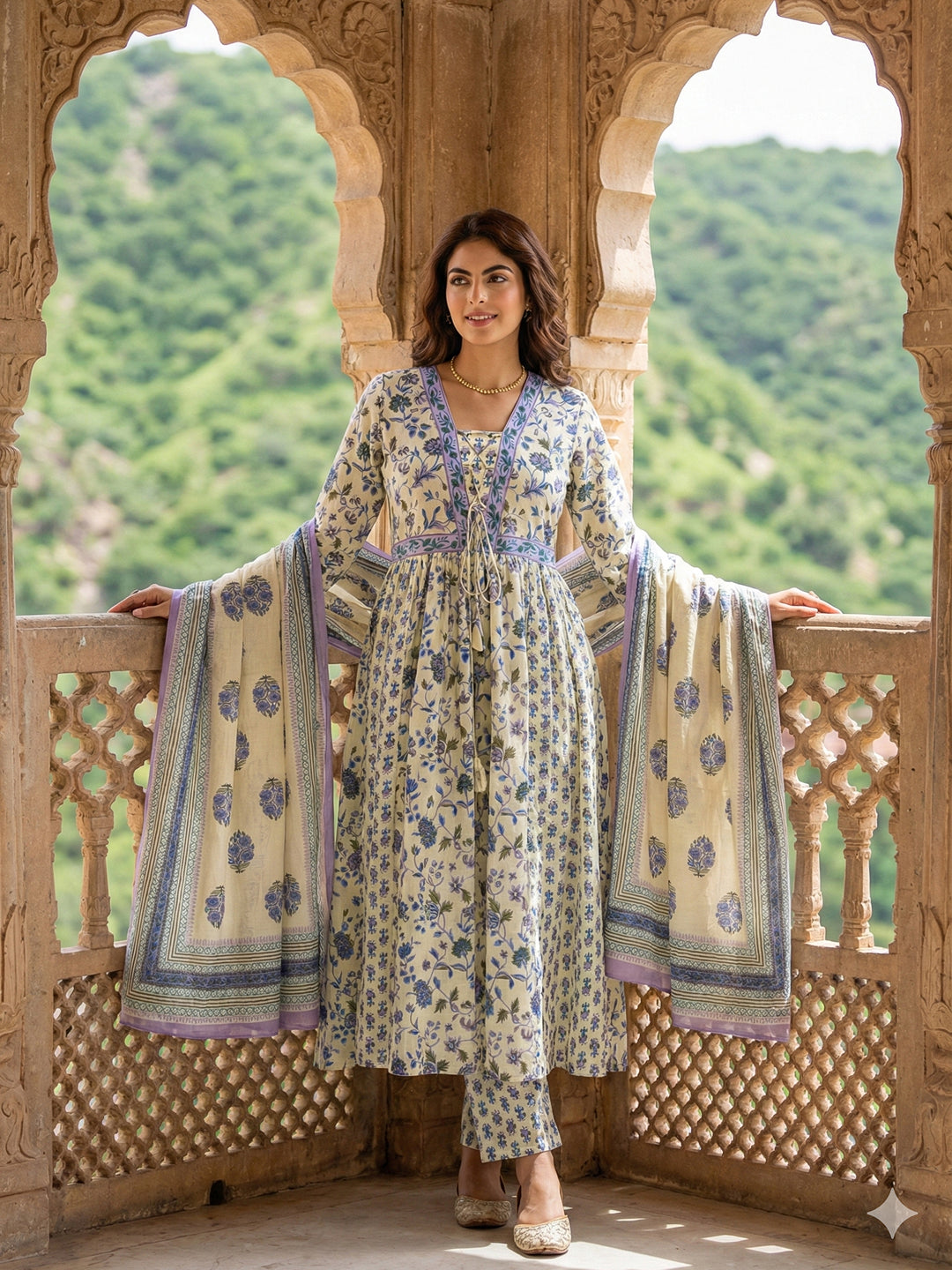 Jaitpuriya Blue And White Pure Cotton Anarkali Pleated Kurta Set