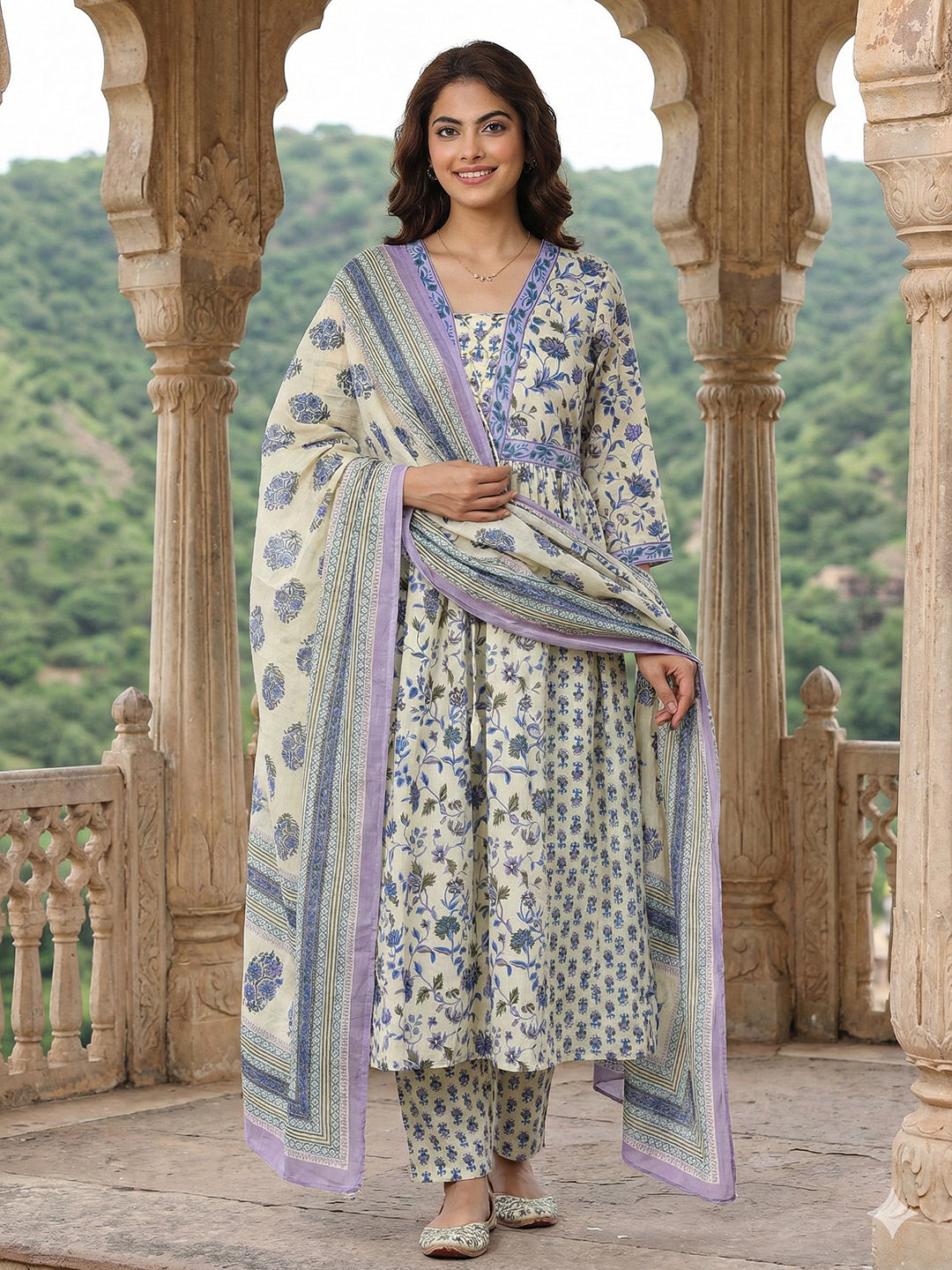 Jaitpuriya Blue And White Pure Cotton Anarkali Pleated Kurta Set