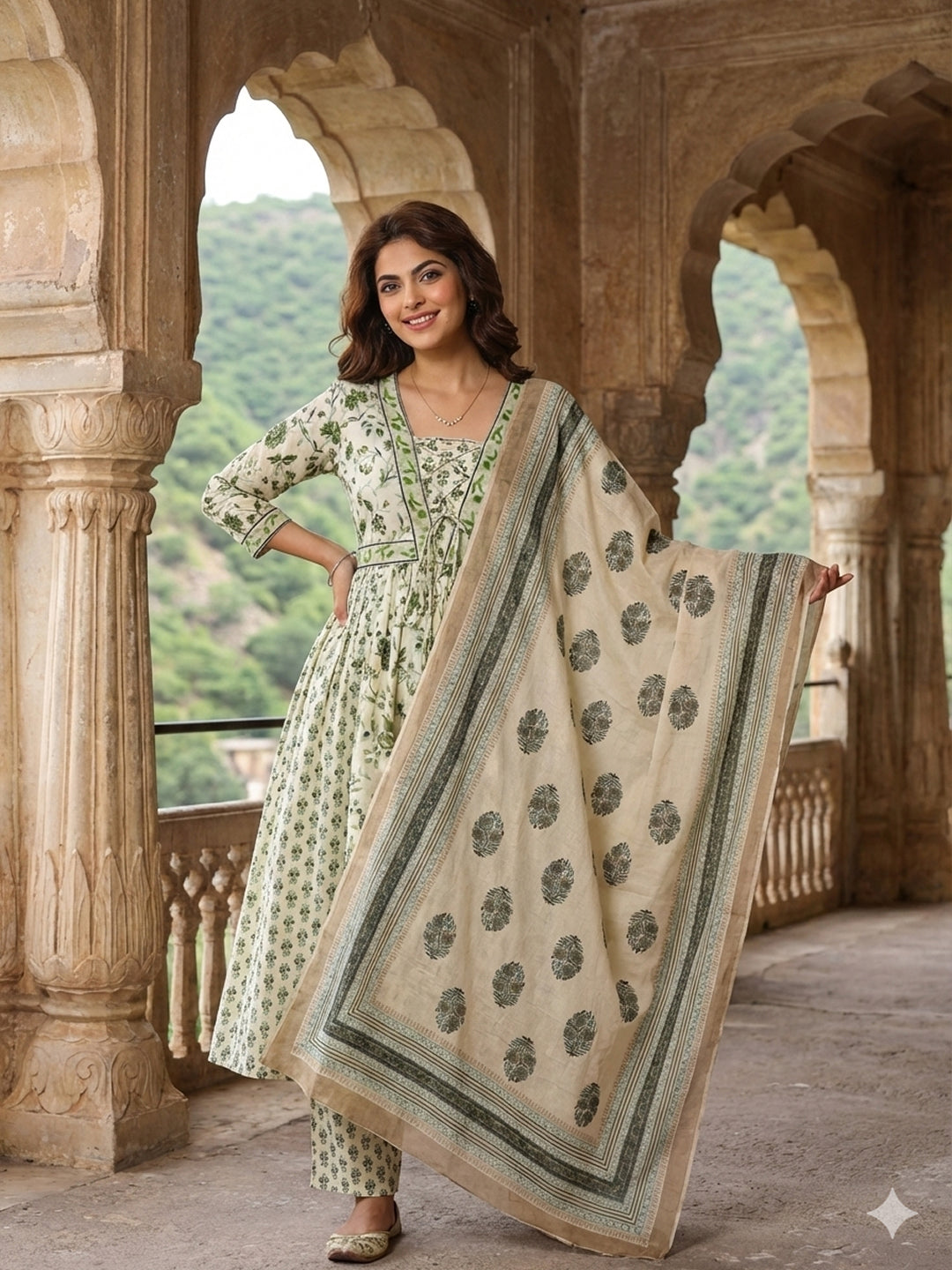 Jaitpuriya Green And White Pure Cotton Anarkali Pleated Kurta Set