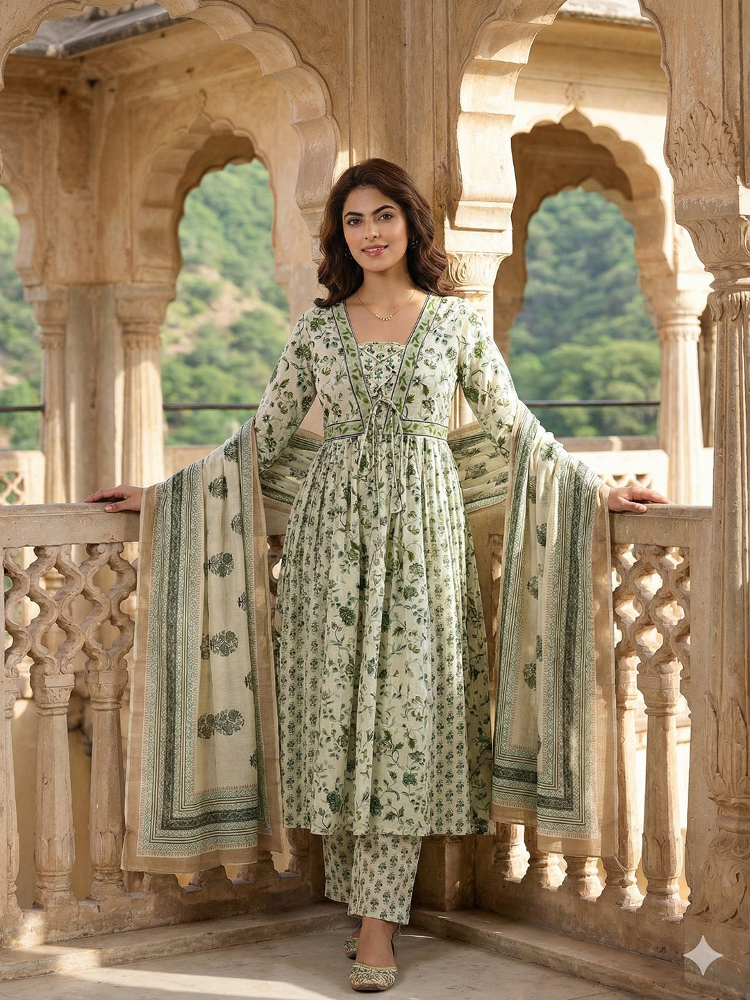 Jaitpuriya Green And White Pure Cotton Anarkali Pleated Kurta Set