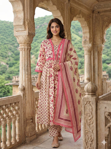 Jaitpuriya Pink And White Pure Cotton Anarkali Pleated Kurta Set