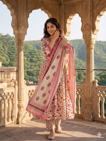 Jaitpuriya Pink And White Pure Cotton Anarkali Pleated Kurta Set