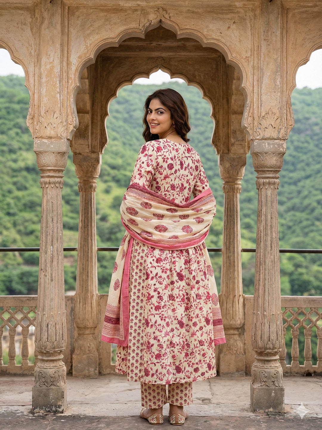 Jaitpuriya Pink And White Pure Cotton Anarkali Pleated Kurta Set