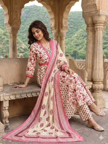 Jaitpuriya Pink And White Pure Cotton Anarkali Pleated Kurta Set