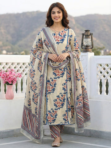 Jaitpuriya Blue And Beige Pure Cotton A-line Regular Kurta Set