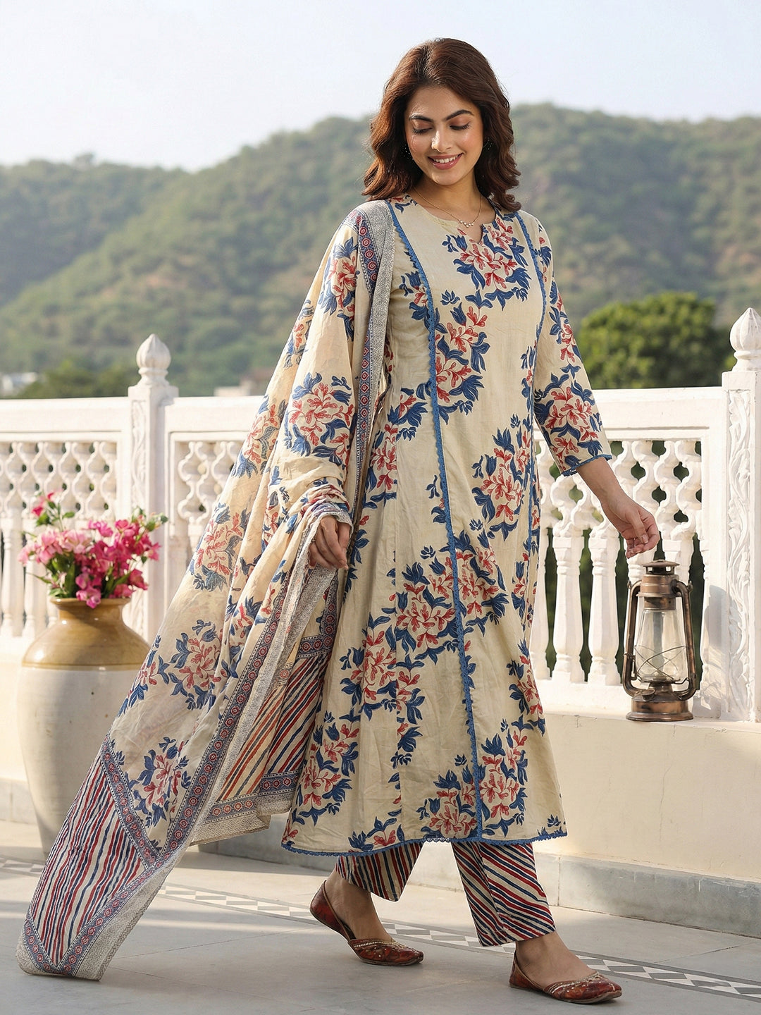 Jaitpuriya Blue And Beige Pure Cotton A-line Regular Kurta Set