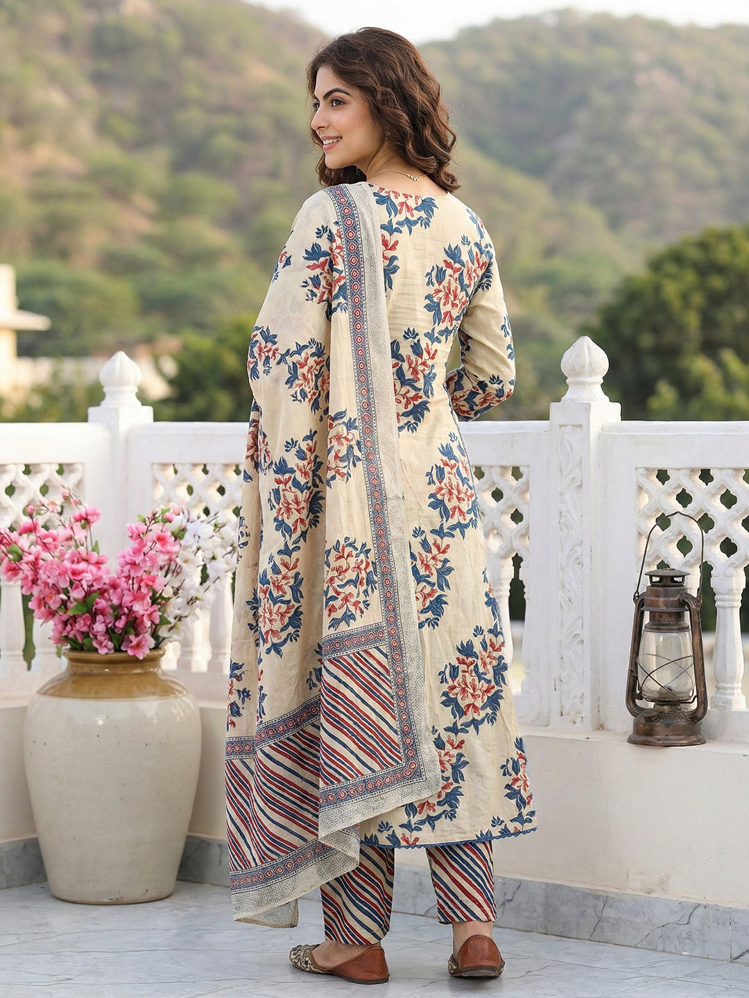 Jaitpuriya Blue And Beige Pure Cotton A-line Regular Kurta Set