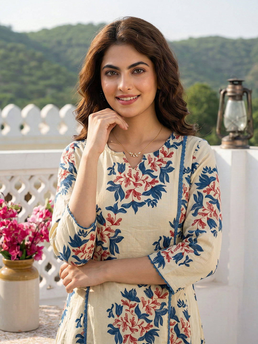 Jaitpuriya Blue And Beige Pure Cotton A-line Regular Kurta Set