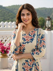 Jaitpuriya Blue And Beige Pure Cotton A-line Regular Kurta Set