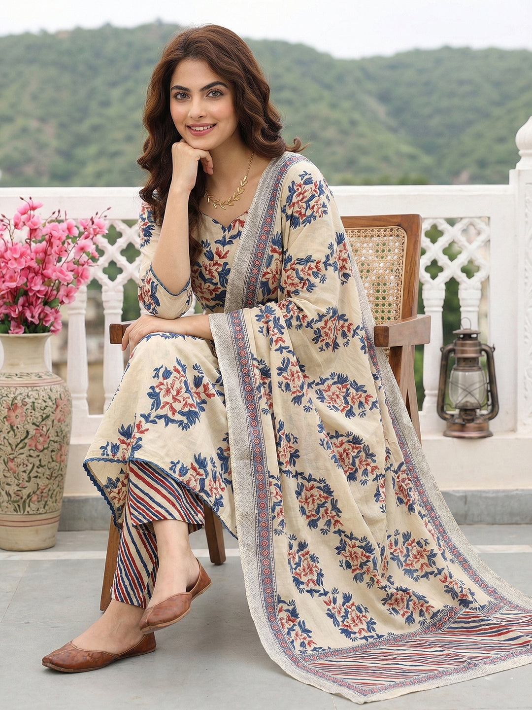 Jaitpuriya Blue And Beige Pure Cotton A-line Regular Kurta Set