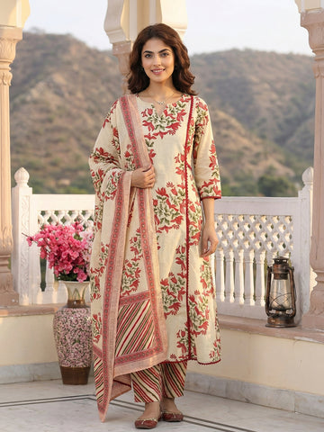 Jaitpuriya Red And Beige Pure Cotton A-line Regular Kurta Set