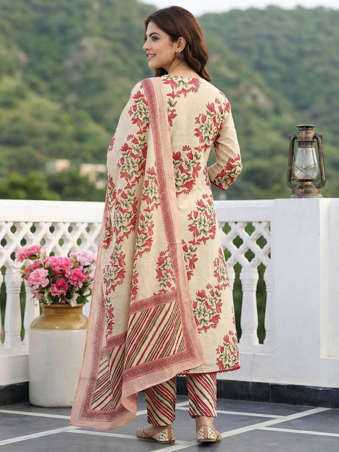 Jaitpuriya Red And Beige Pure Cotton A-line Regular Kurta Set
