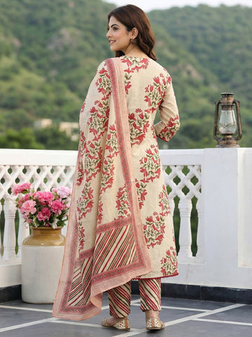 Jaitpuriya Red And Beige Pure Cotton A-line Regular Kurta Set