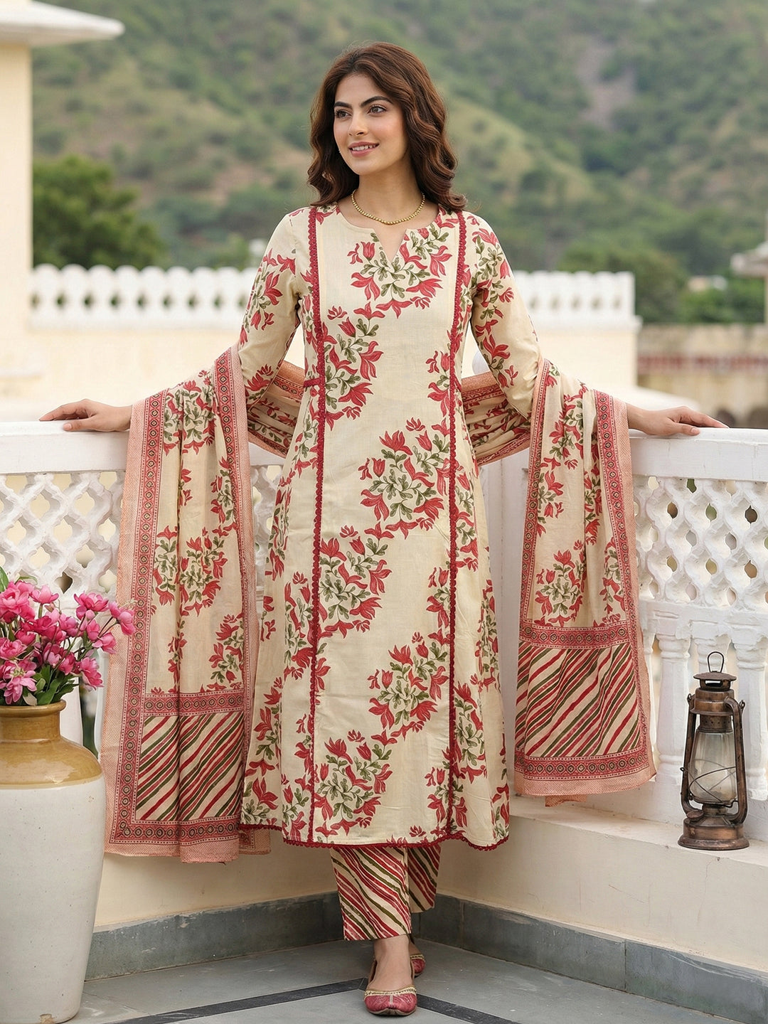 Jaitpuriya Red And Beige Pure Cotton A-line Regular Kurta Set
