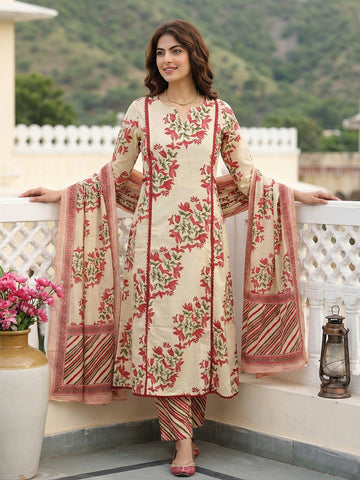 Jaitpuriya Red And Beige Pure Cotton A-line Regular Kurta Set