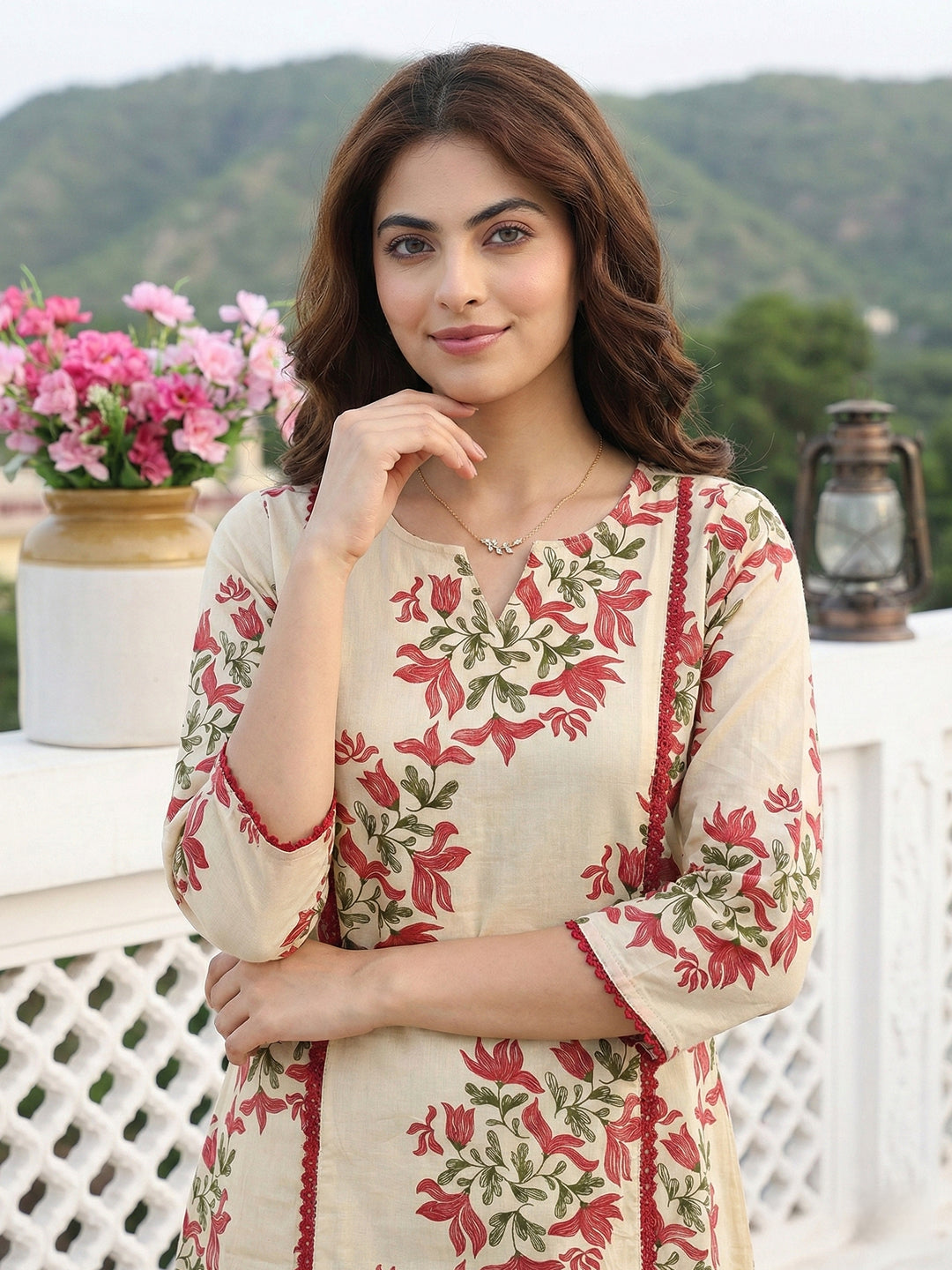 Jaitpuriya Red And Beige Pure Cotton A-line Regular Kurta Set