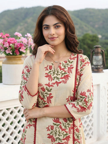 Jaitpuriya Red And Beige Pure Cotton A-line Regular Kurta Set