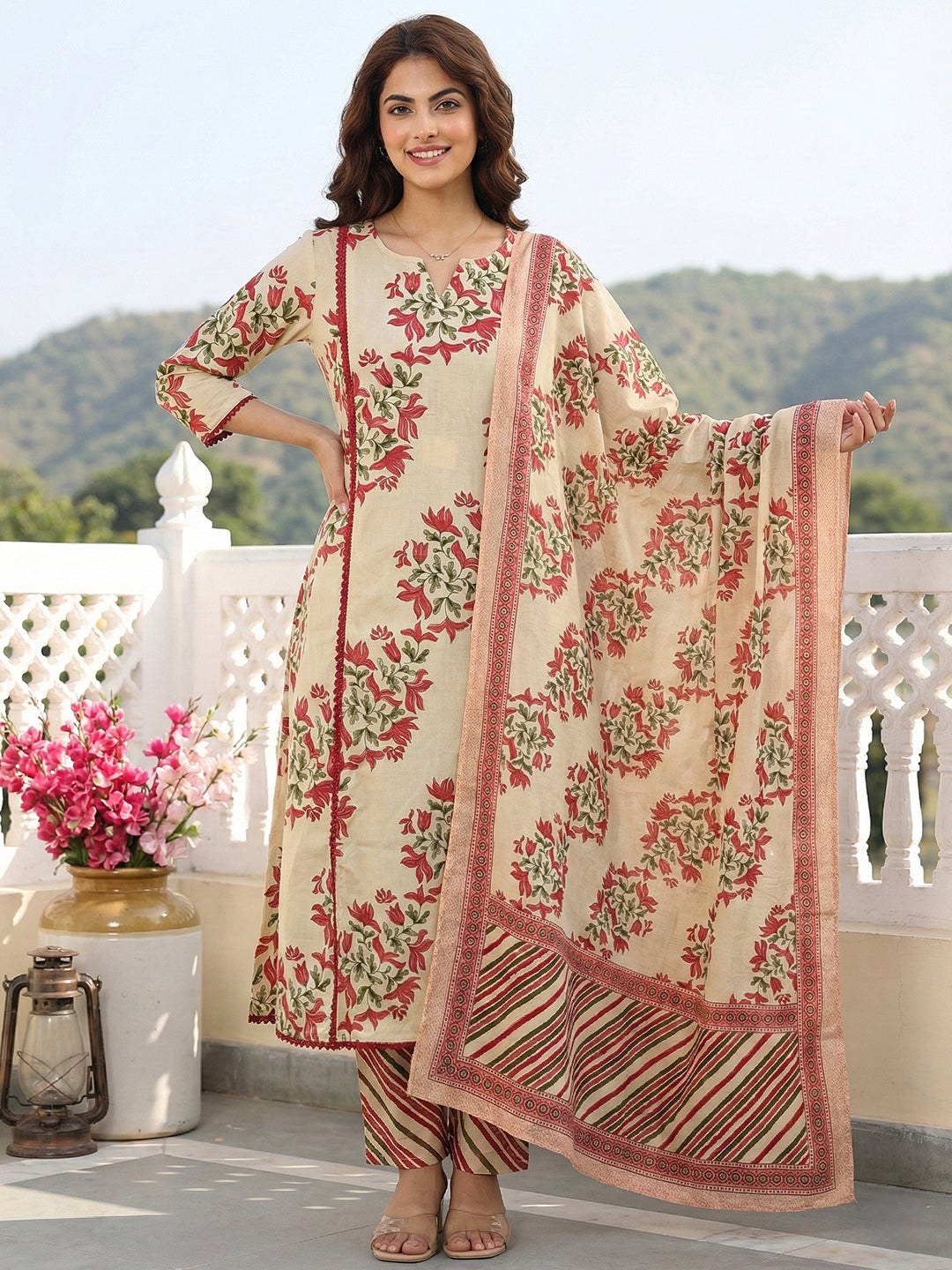 Jaitpuriya Red And Beige Pure Cotton A-line Regular Kurta Set