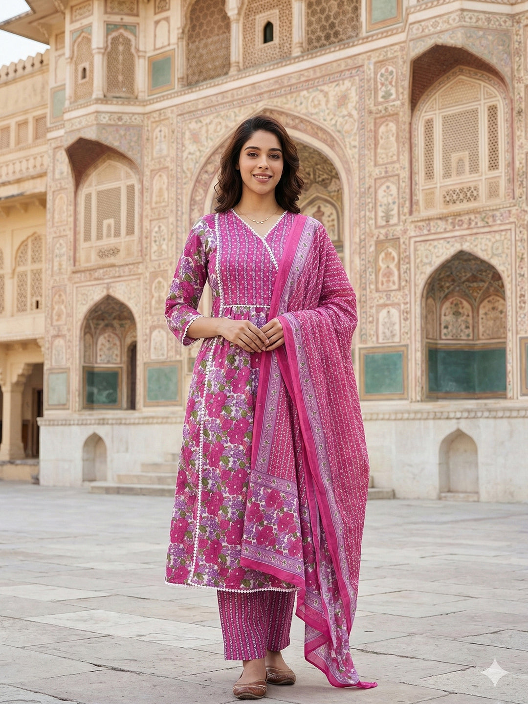 Jaitpuriya Pink And White Pure Cotton Anarkali Angrakha Kurta Set