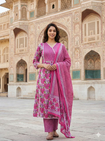 Jaitpuriya Pink And White Pure Cotton Anarkali Angrakha Kurta Set