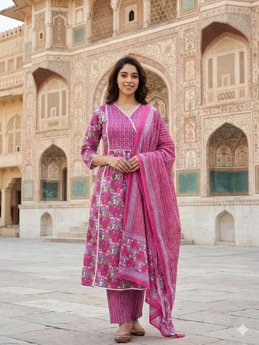 Jaitpuriya Pink And White Pure Cotton Anarkali Angrakha Kurta Set