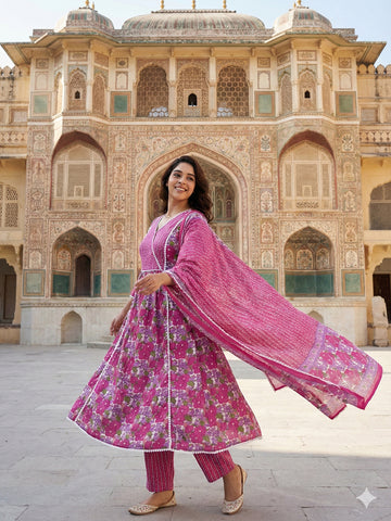 Jaitpuriya Pink And White Pure Cotton Anarkali Angrakha Kurta Set