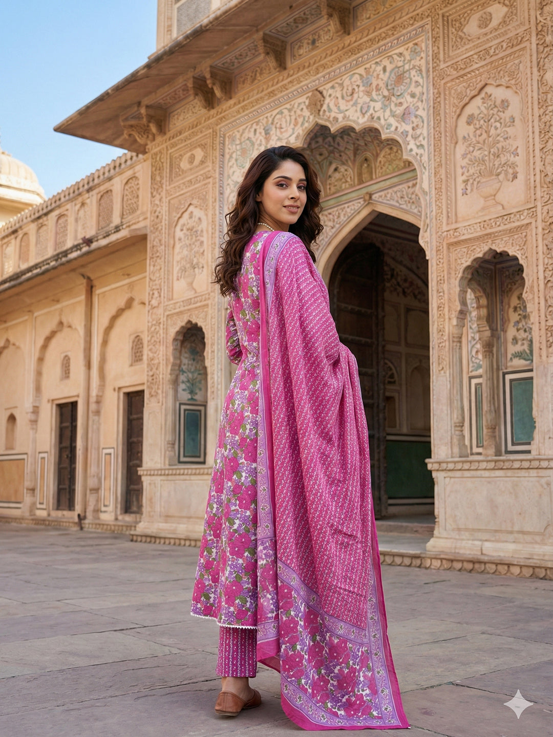 Jaitpuriya Pink And White Pure Cotton Anarkali Angrakha Kurta Set