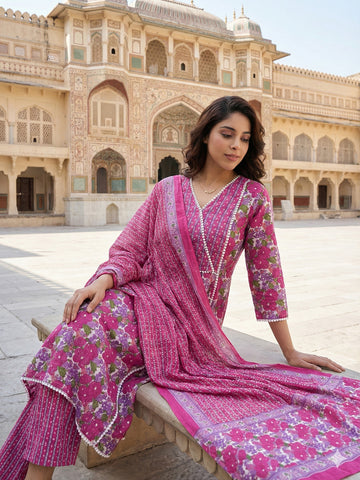 Jaitpuriya Pink And White Pure Cotton Anarkali Angrakha Kurta Set