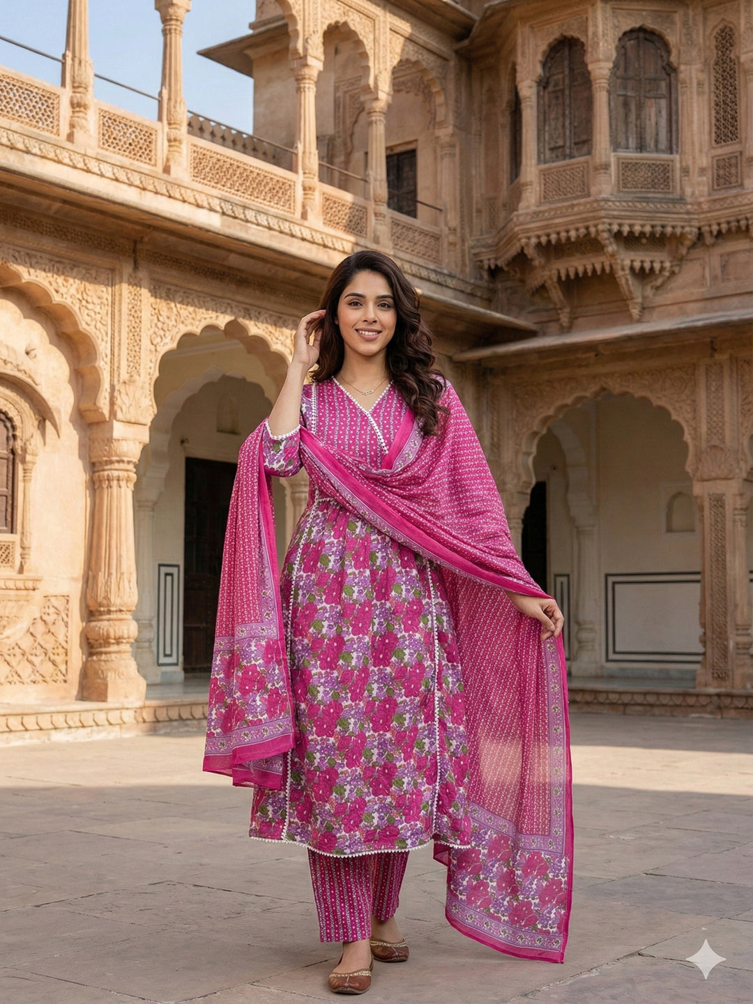 Jaitpuriya Pink And White Pure Cotton Anarkali Angrakha Kurta Set