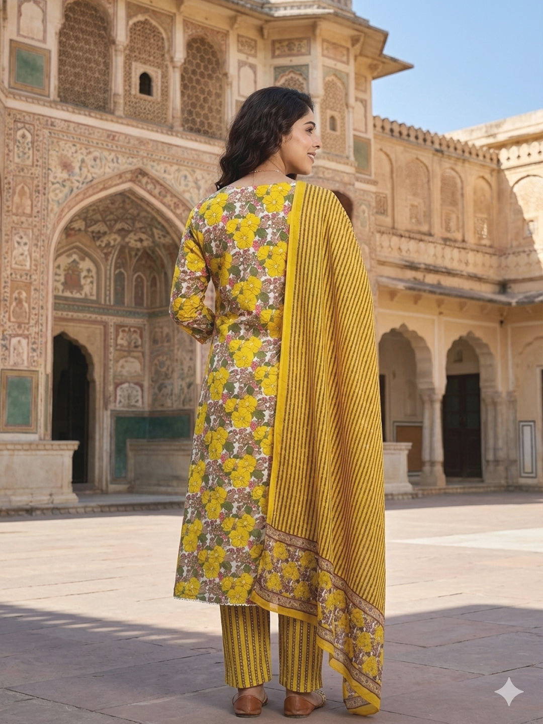 Jaitpuriya Yellow And White Pure Cotton Anarkali Angrakha Kurta Set