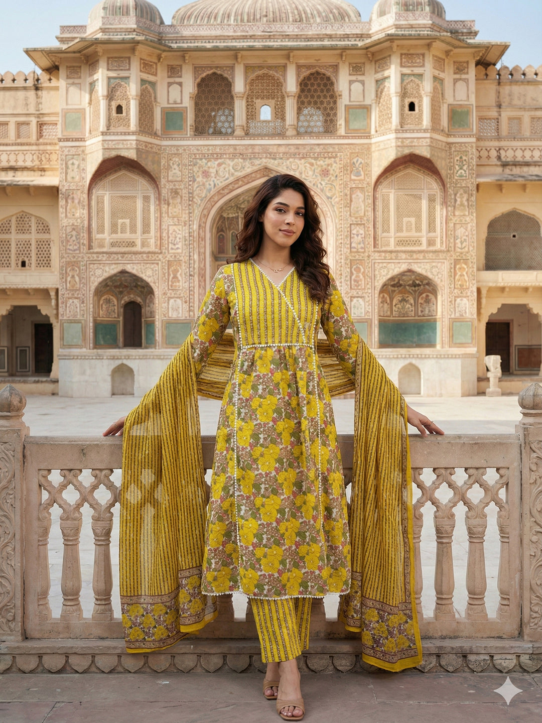 Jaitpuriya Yellow And White Pure Cotton Anarkali Angrakha Kurta Set