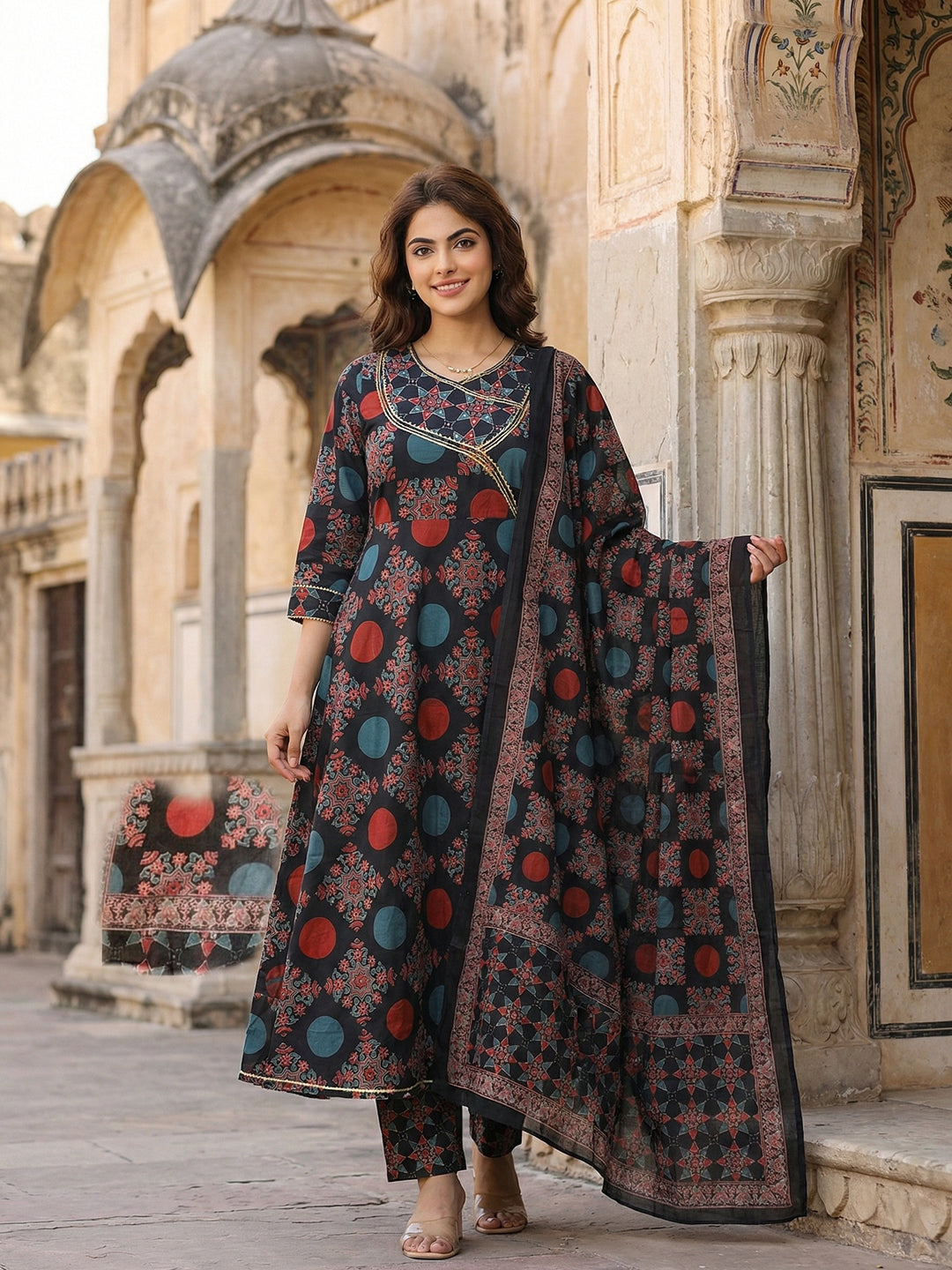 Jaitpuriya Black And Yellow Pure Cotton Anarkali Angrakha Kurta Set