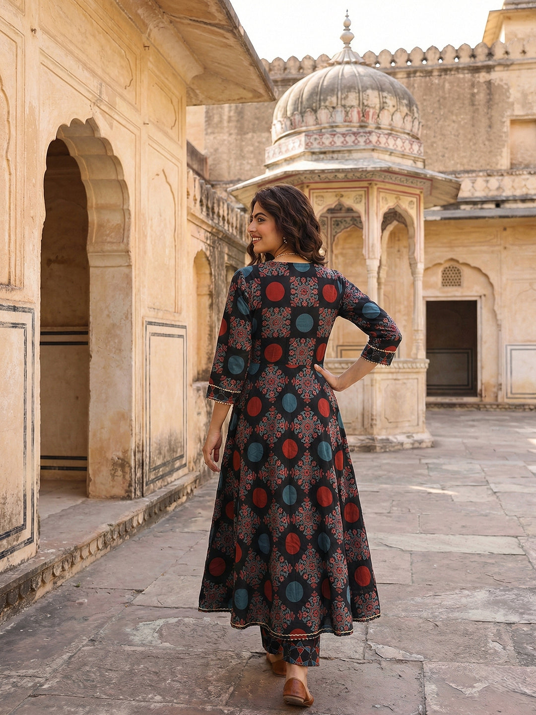 Jaitpuriya Black And Yellow Pure Cotton Anarkali Angrakha Kurta Set