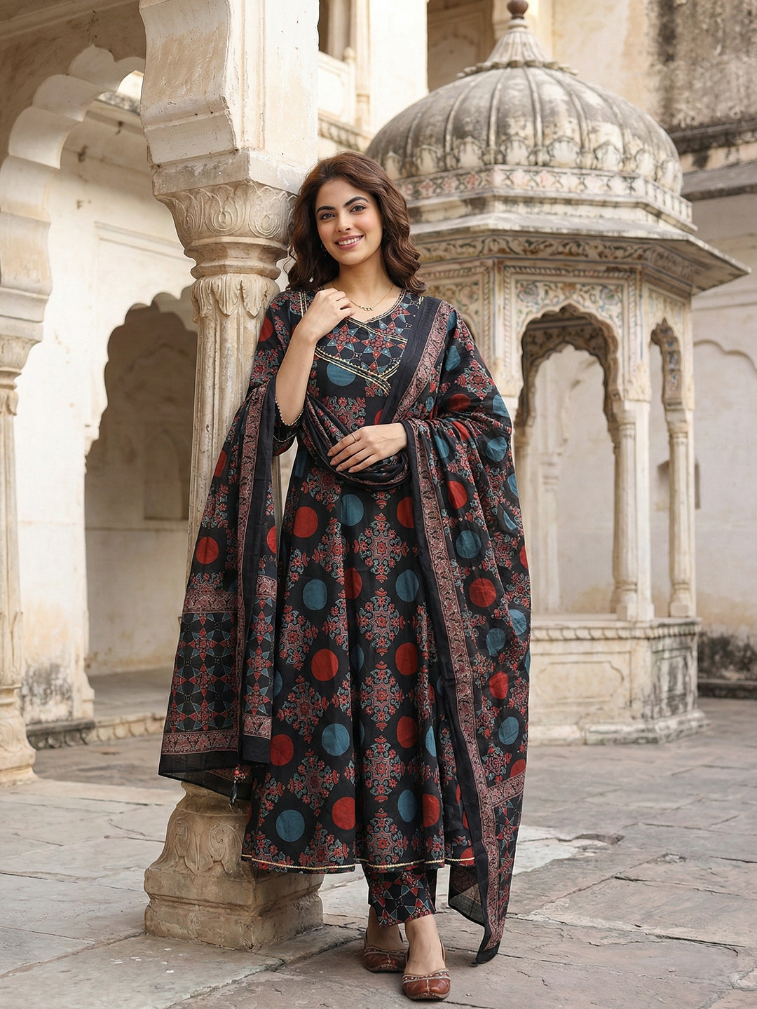 Jaitpuriya Black And Yellow Pure Cotton Anarkali Angrakha Kurta Set