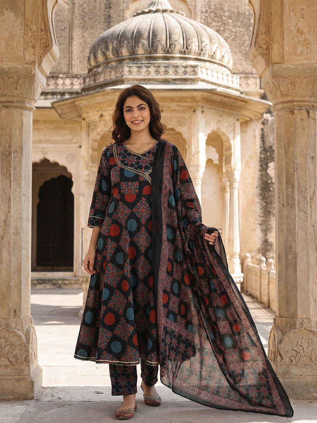 Jaitpuriya Black And Yellow Pure Cotton Anarkali Angrakha Kurta Set