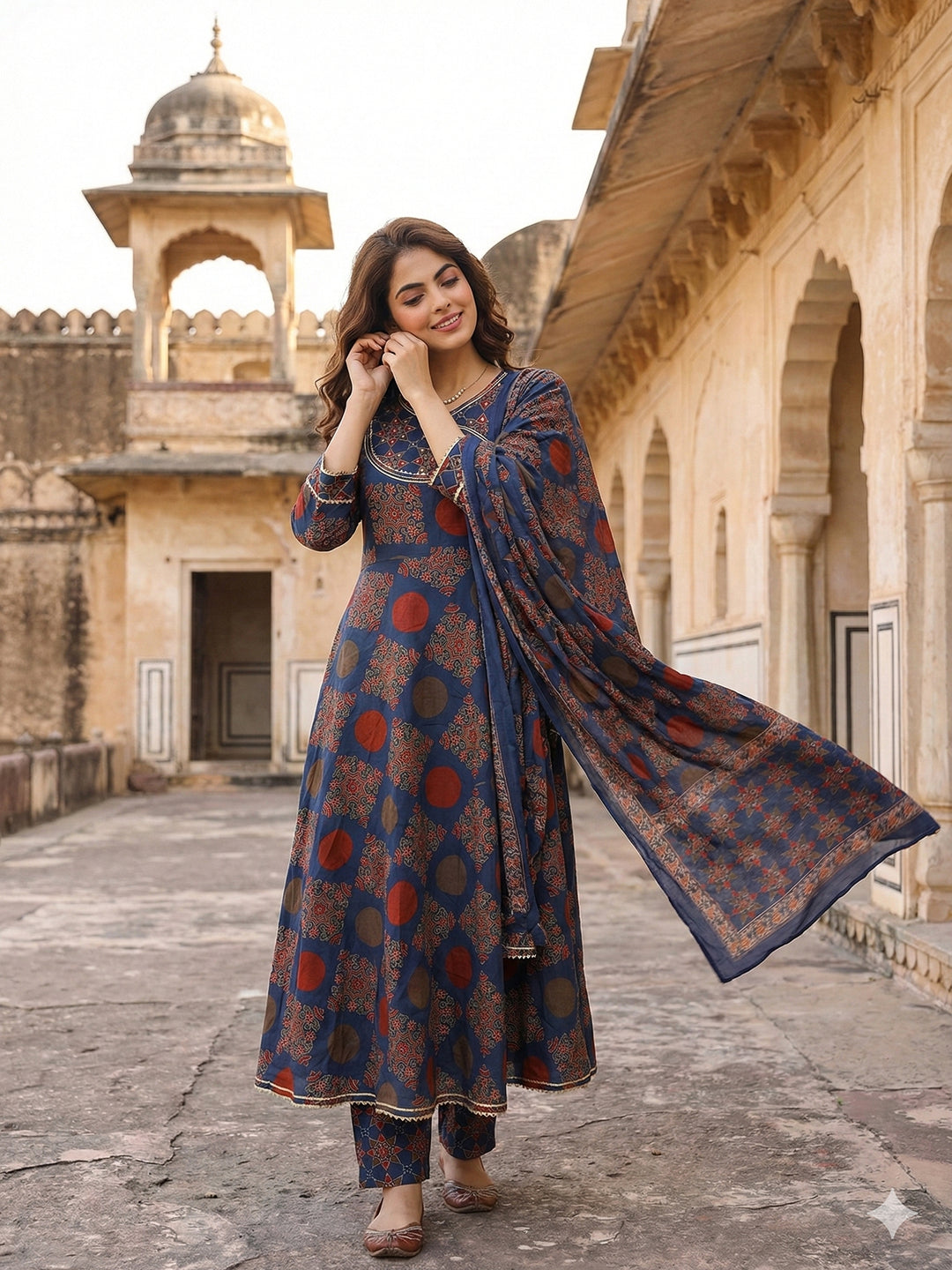 Jaitpuriya Blue And Red Pure Cotton Anarkali Angrakha Kurta Set