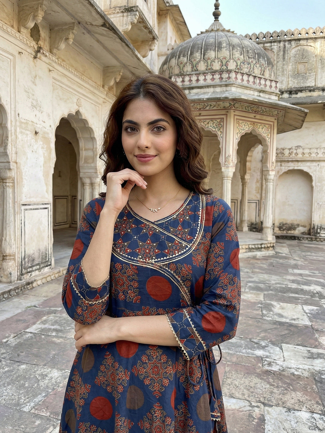 Jaitpuriya Blue And Red Pure Cotton Anarkali Angrakha Kurta Set