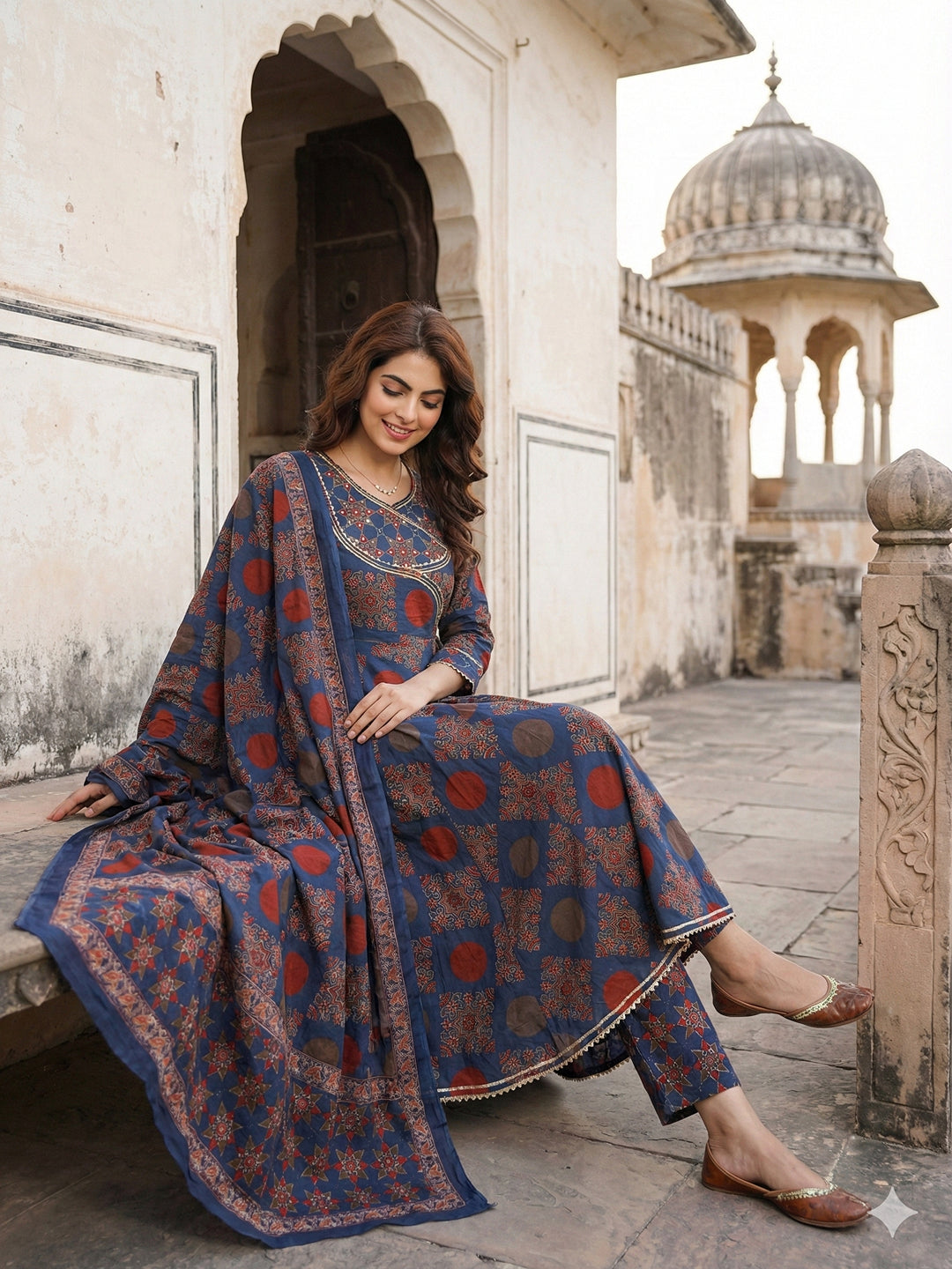 Jaitpuriya Blue And Red Pure Cotton Anarkali Angrakha Kurta Set